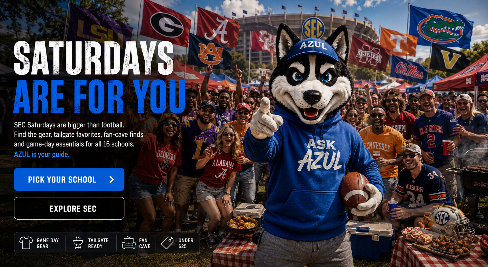 AZUL, AskAzulNow's shopping guide, wearing blue Ask AZUL apparel at a huge SEC Saturday tailgate surrounded by fans from all 16 schools -- Alabama, Arkansas, Auburn, Florida, Georgia, Kentucky, LSU, Mississippi State, Missouri, Oklahoma, Ole Miss, South Carolina, Tennessee, Texas, Texas A&M and Vanderbilt. Saturdays are for you: real fan gear, tailgate finds and game-day essentials for every SEC school.