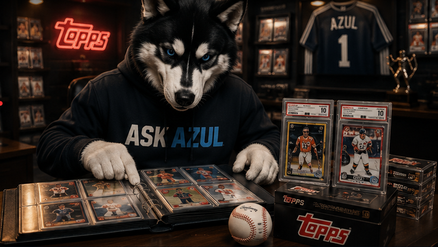 AZUL, wearing his Ask AZUL hoodie in a premium dark Topps collector room, paging through his own card album next to graded slabs, a baseball, and his framed AZUL jersey on the wall.